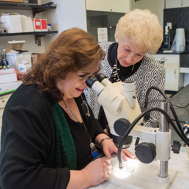 Miriam Domowicz, PhD, looks through microscope with Nancy Schwartz, PhD
