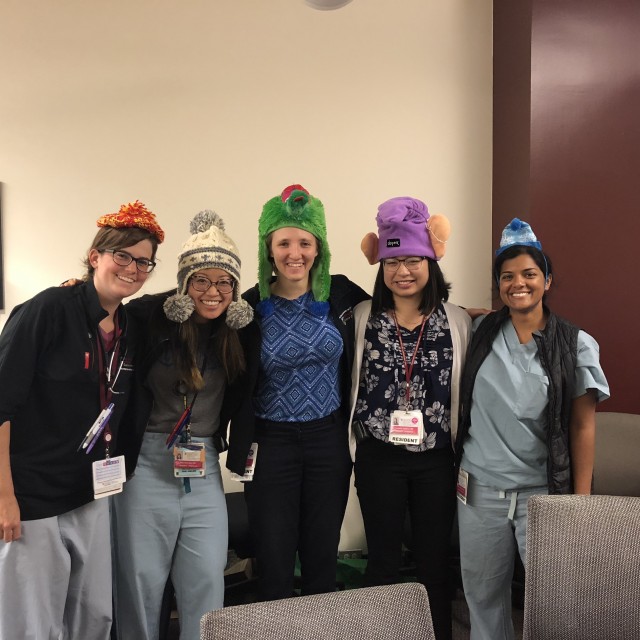 Resident physicians wearing funny hats